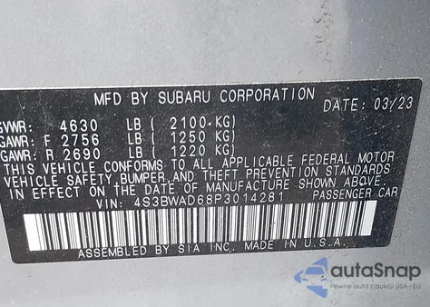 2023 Subaru Legacy Premium from USA, damaged, VIN 4S3BWAD68P3014281